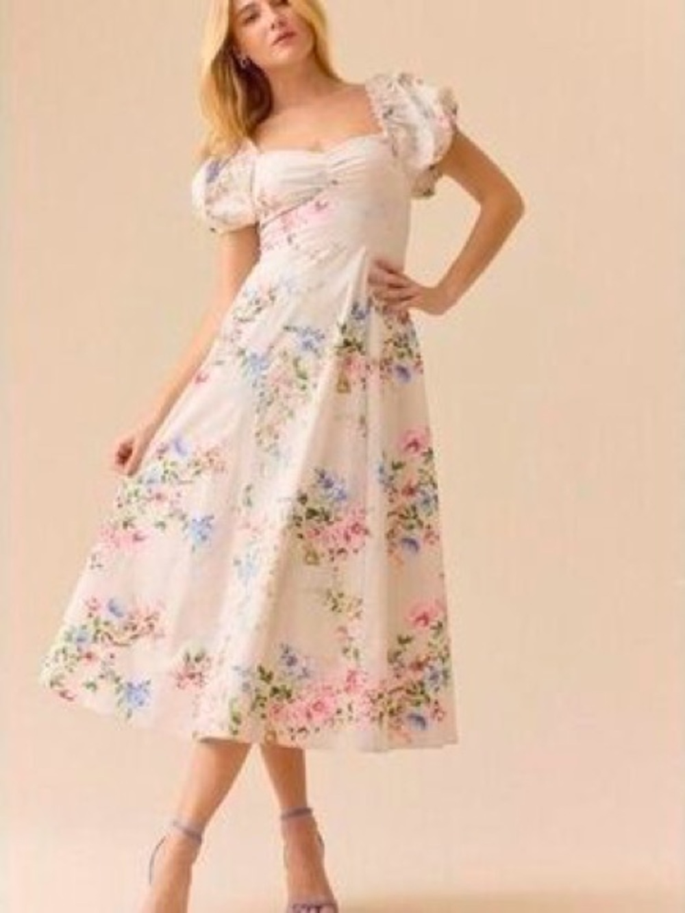 Altar’d State floral beige puff sleeve smocked dress
